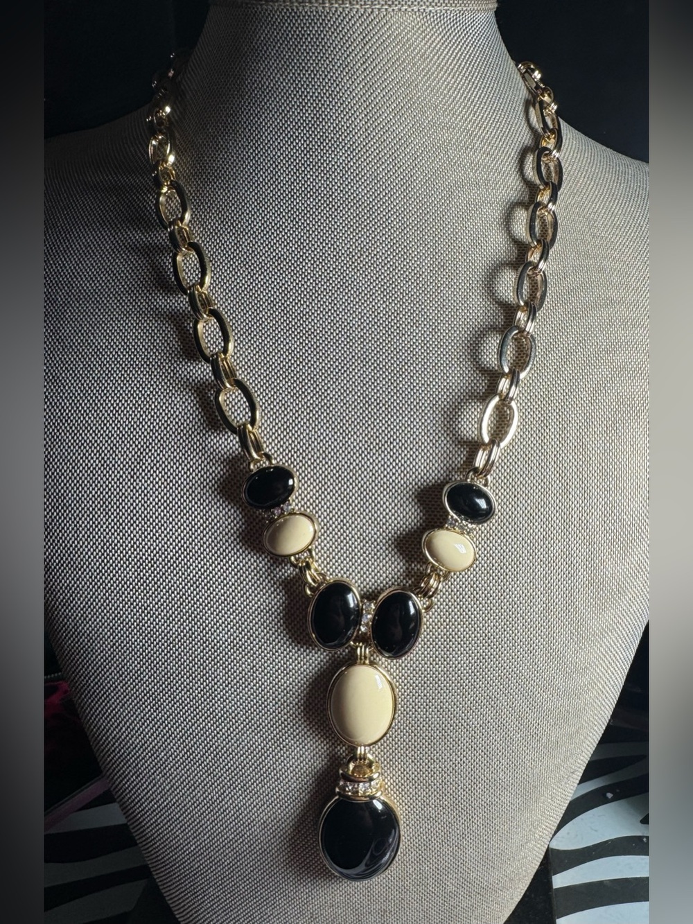 Anne Klein Gold-Tone Necklace with Black and Cream Cabochons